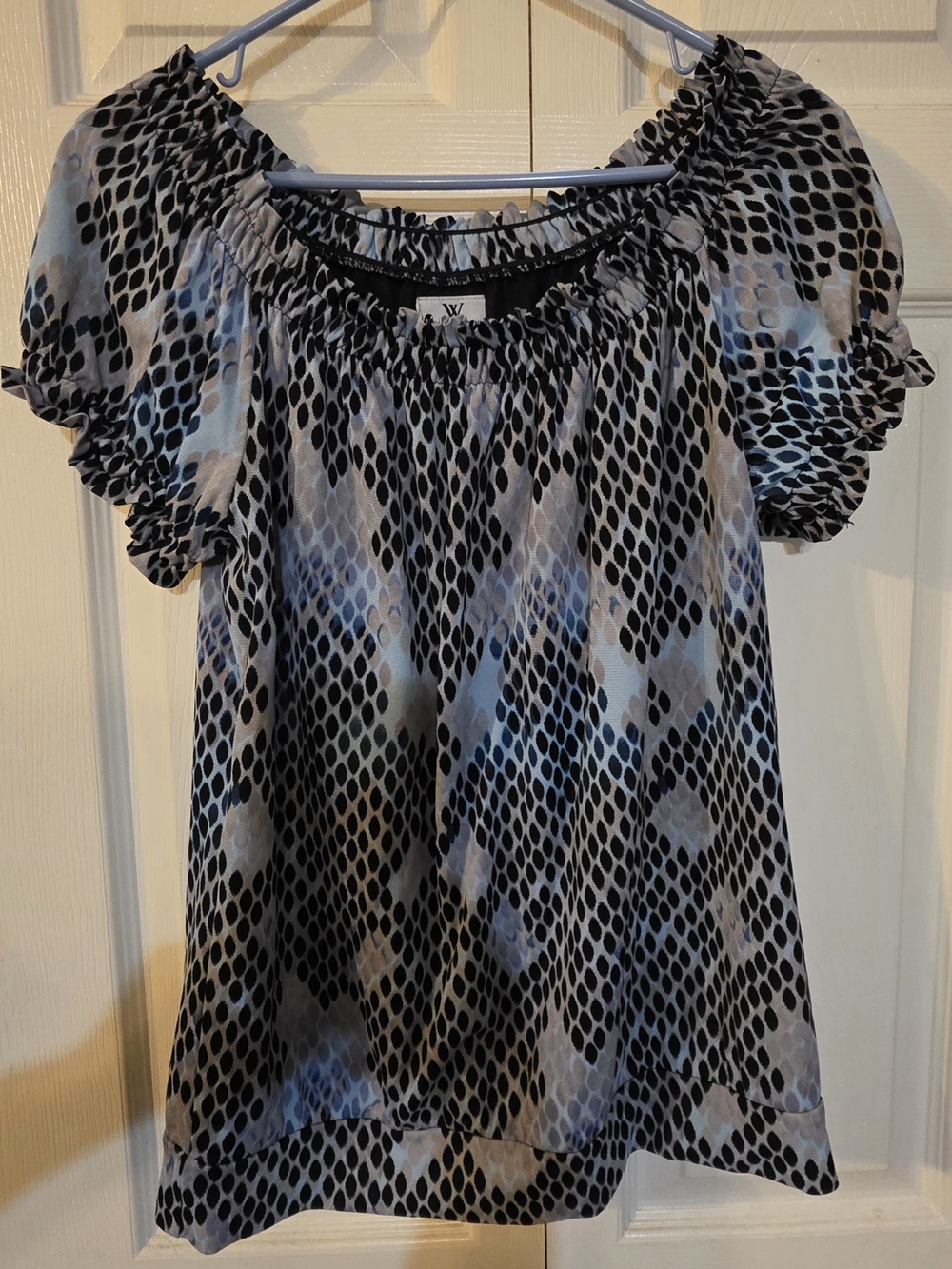 Worthington Black and Gray Puff-Sleeve Printed Blouse
